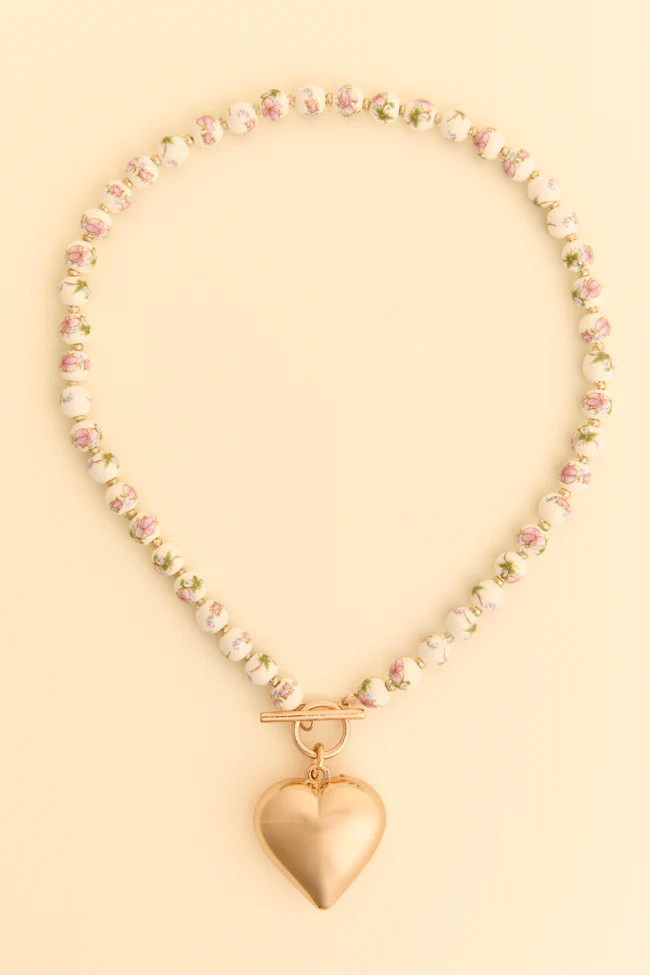 Rosa Pink Floral Beaded Heart Necklace | Pink Lily