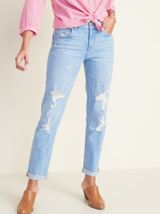 Mid-Rise Distressed Boyfriend Straight Jeans for Women | Old Navy (US)