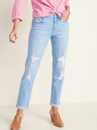 Mid-Rise Distressed Boyfriend Straight Jeans for Women | Old Navy (US)