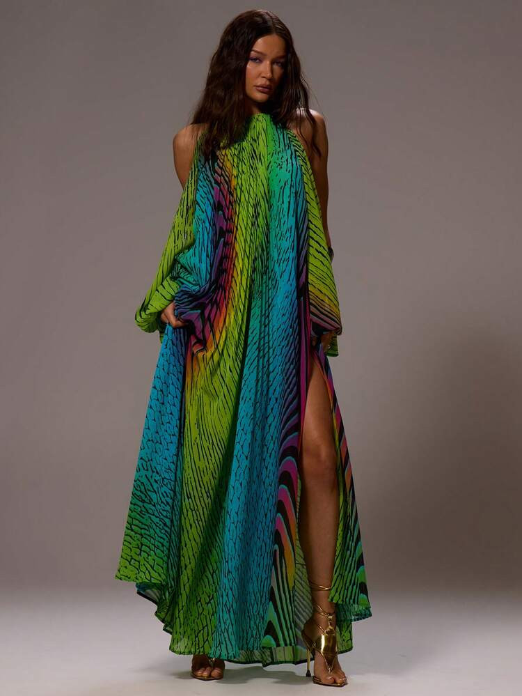 MUSERA Chiffon Extreme Open Back Split Sleeve Halter Neck Printed Maxi Dress Summer Spring Rave B... | SHEIN
