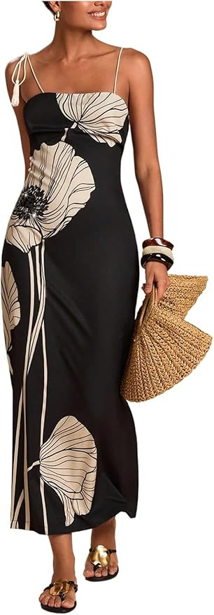 RoseSeek Women's Elegant Floral Maxi Dress Tassel Spaghetti Strap Slim Fit Dresses Summer Outfits | Amazon (US)
