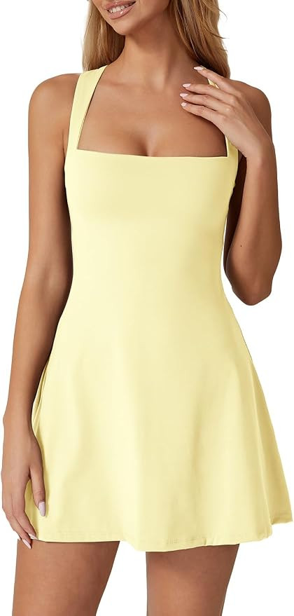 QINSEN Womens Square Neck Tennis Dress Sleeveless Built in Shorts Golf Athletic Dress with Pocket... | Amazon (US)