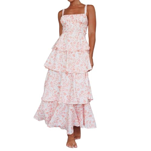 ABYOVRT Women Floral Maxi Dress Sleeveless Bow Back Tiered Boho Flowy Long Dresses Summer Fall (Orange,L) | Amazon (US)