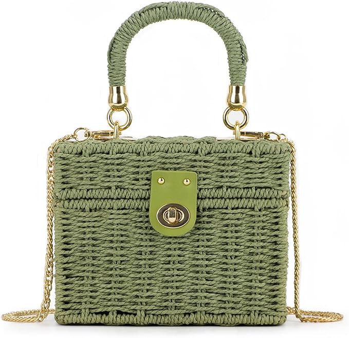Fecialy Women Handwoven Rattan Handbag Beach Straw Tote Bag Square Boho Crossbody Bag | Amazon (US)