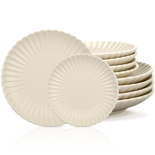 Sawysine Scalloped Plates Set of 8 Ceramic Daisy Dinner Plates 8 Inch and 6 Inch 4 Pieces Each, Round Plates Matte Cream Dessert Plates Salad Plates Suitable for Indoor and Outdoor Use Tableware Gift | Amazon (US)