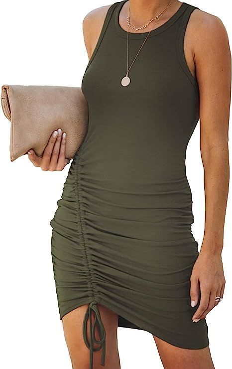 TEMOFON Women's Drawstring Ruched Side Bodycon Dresses Sleeveless Tank Summer Club Mini Dress S-X... | Amazon (US)