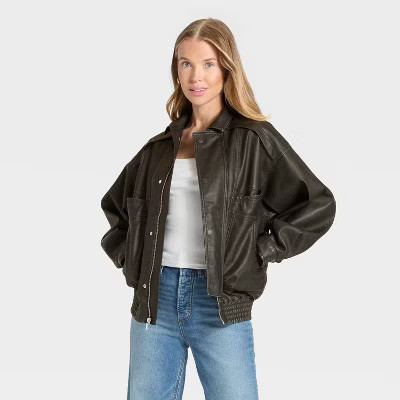Women's Relaxed Faux Leather Bomber Jacket - Universal Thread™ Black XL | Target
