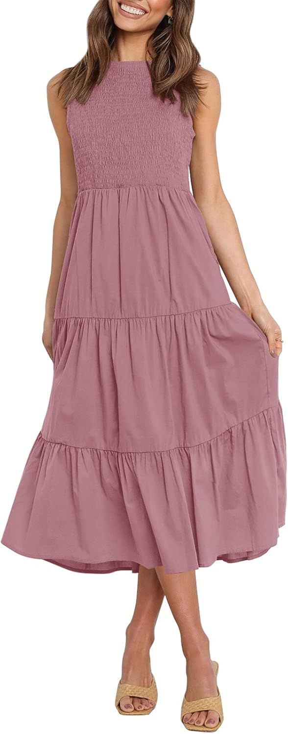 ZESICA Women's 2024 Summer Casual Sleeveless Crew Neck Smocked High Waist Flowy Tiered A Line Mid... | Amazon (US)