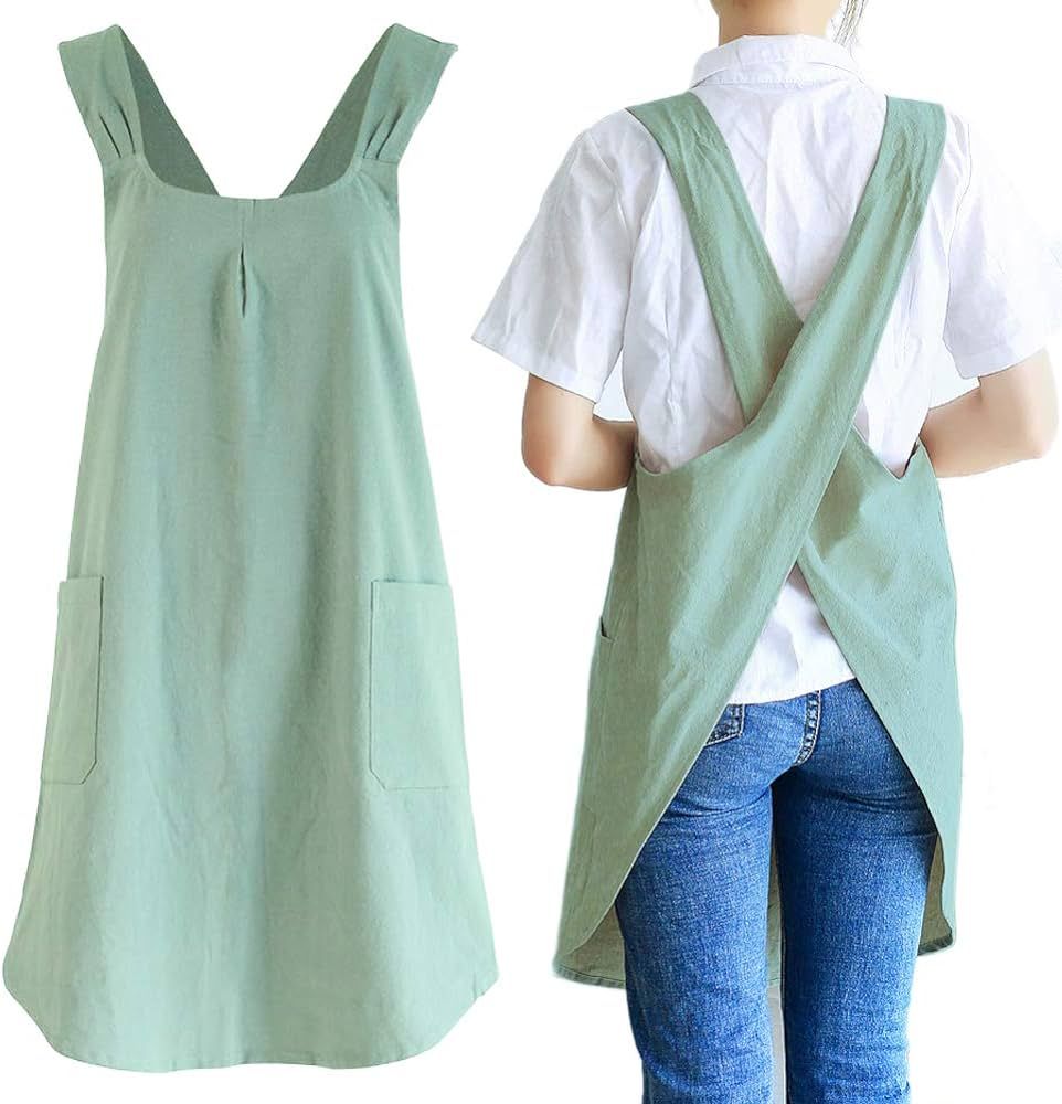NEWGEM Japanese Linen Cross Back Kitchen Cooking Aprons for Men with Pockets for Baking Painting ... | Amazon (US)