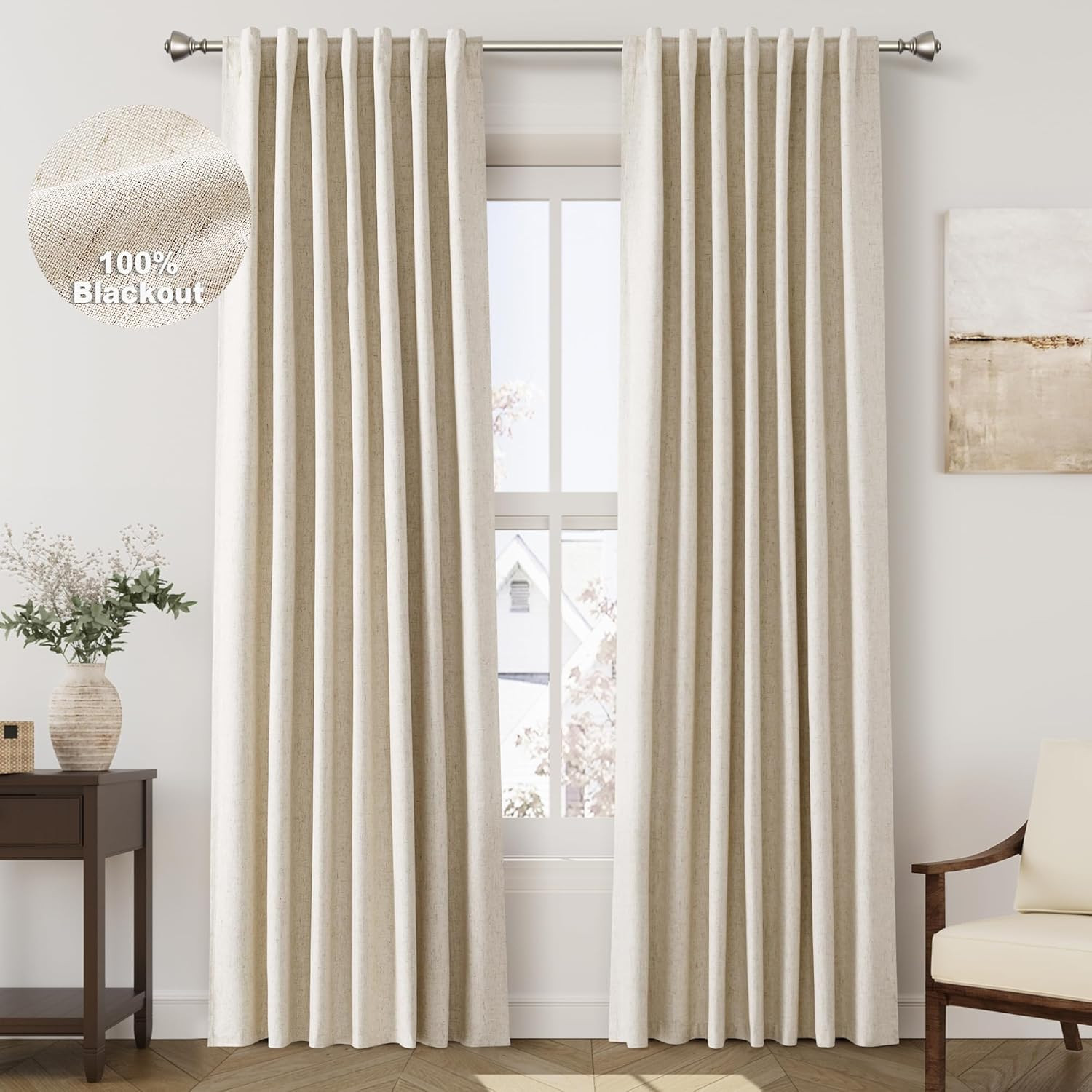 Tan Beige Linen Blackout Curtains 84 Inches Long for Bedroom Back Tab Burlap Flax Linen Curtains ... | Amazon (US)