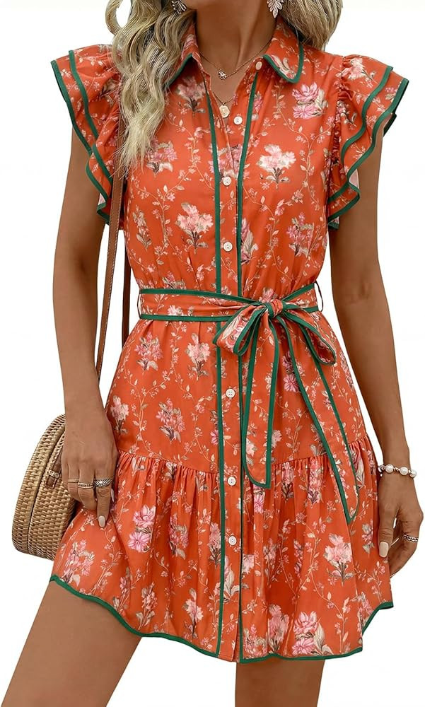 Wenrine Womens Summer Floral V Neck Ruffle Sleeve Button Down Shirt Dress | Amazon (US)