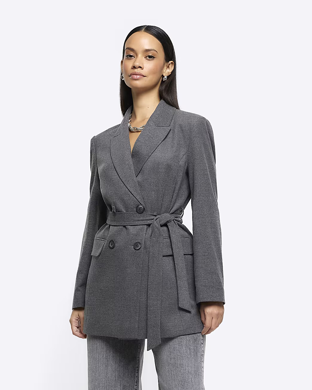Grey belted wrap blazer | River Island (UK & IE)