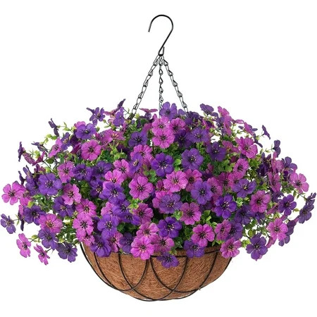 Artificial Faux Hanging Plants Flowers Basket for Outdoor Outside Spring Summer Decoration, Silk Purple Morning Glory in Planter UV Resistant Look Real Fake Flowers for Porch Patio Balcony Home Yard | Walmart (US)