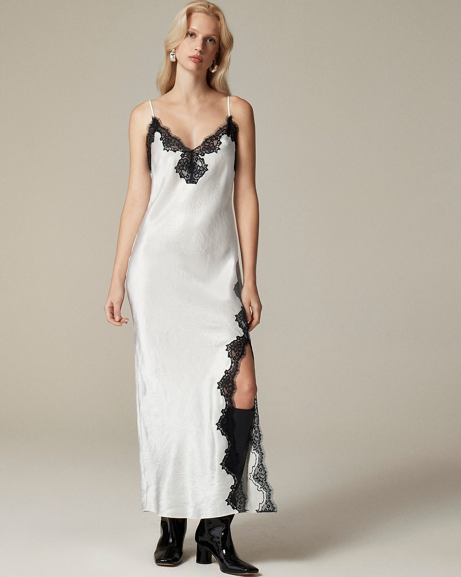 Lace-trim slip dress in textured satin | J. Crew US