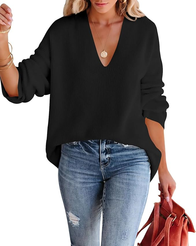 Imily Bela Womens Oversized Deep V Neck Sweaters Sexy Long Sleeve Tunic Sweater Knitted Dressy Pu... | Amazon (US)