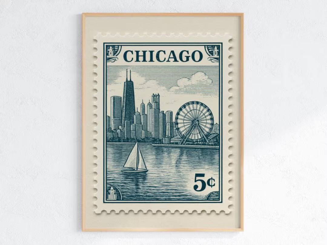 Chicago Vintage Stamp Poster – Retro Navy Pier & Skyline Art Print – Sailboat + Ferris Wheel ... | Etsy (US)