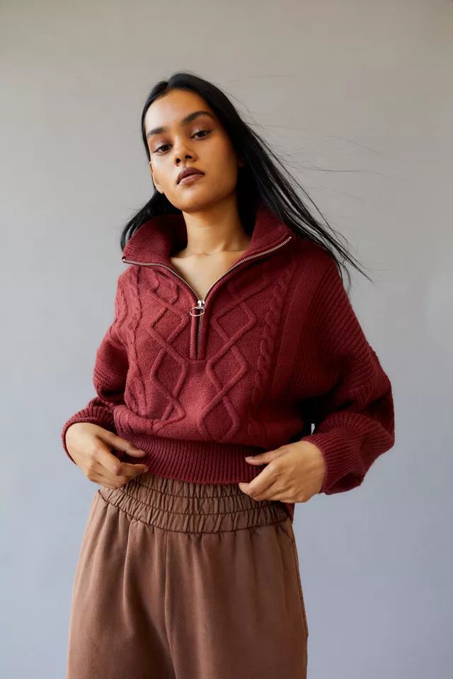 UO Lizzie Cable Knit Half-Zip Sweater | Urban Outfitters (US and RoW)