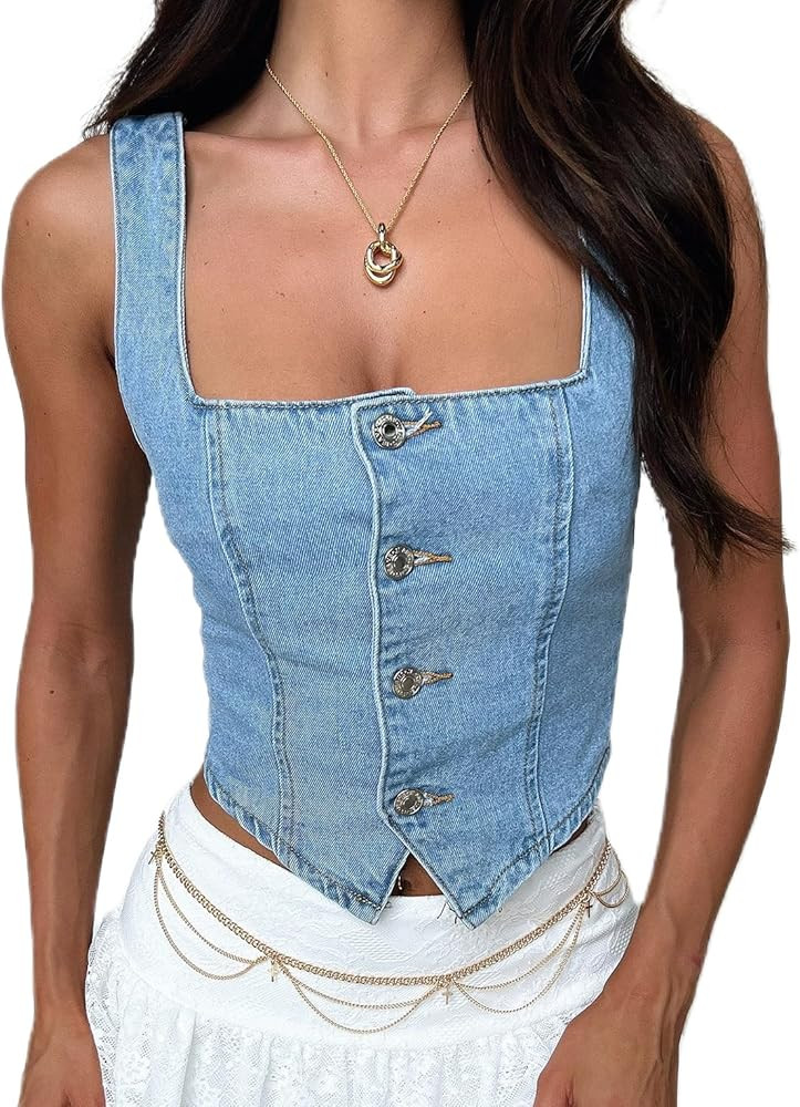 Women Y2k Sexy Denim Vest Button Down Jean Crop Vest Sleeveless Low Cut Summer Tank Top Trendy St... | Amazon (US)