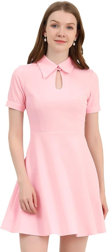 Allegra K Women's Work Fit and Flare Mini Turndown Collared Keyhole Dress | Amazon (US)