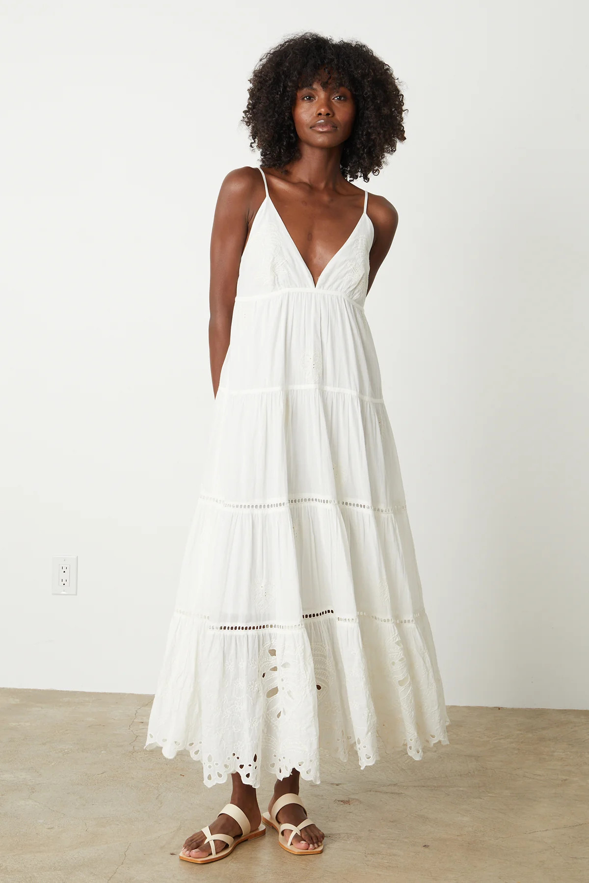 MICHELLE EMBROIDERED COTTON V-NECK TANK MAXI DRESS | Velvet by Graham & Spencer