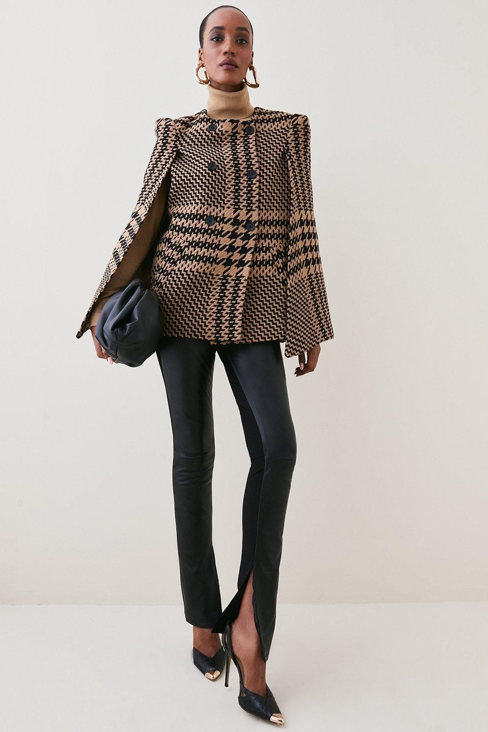 Italian Wool Blend Oversized Dogtooth Cape Coat | Karen Millen US