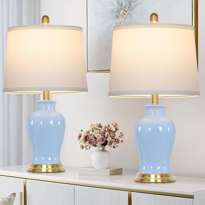 23" Modern Blue Ceramic Table Lamps Set of 2, Coastal Ceramic Lamps for Living Room, Classic Beds... | Amazon (US)
