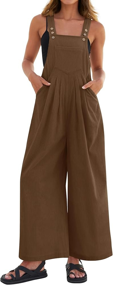 ZESICA Women's Casual Overalls Jumpsuits Loose Corduroy Bib Adjustable Straps Wide Leg Long Pant ... | Amazon (US)