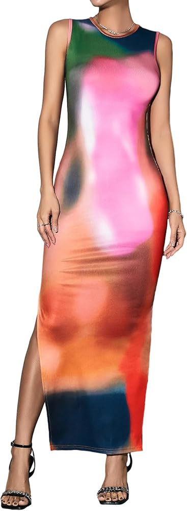 Milumia Women's Tie Dye Split Thigh Long Tank Dress Sleeveless Bodycon Maxi Dresses | Amazon (US)