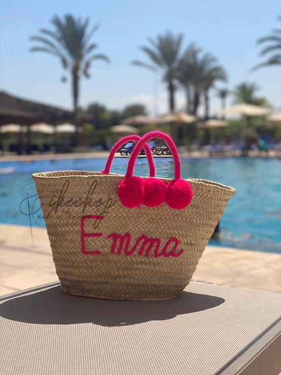 50 % OFF Monogrammed Straw Bag With Pompoms  Customized Beach | Etsy | Etsy (US)