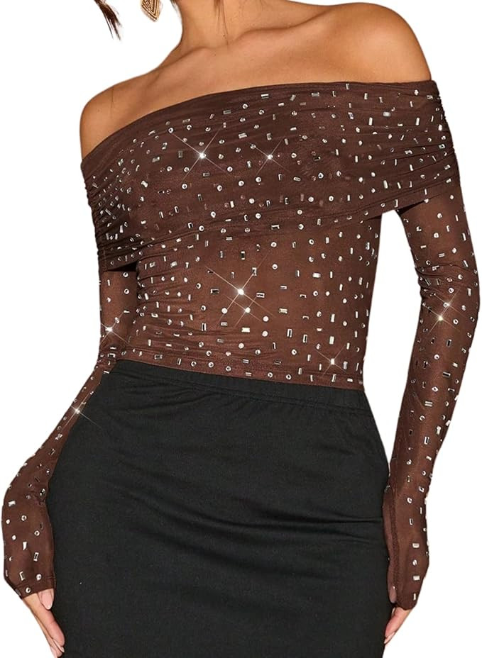 Women Off Shoulder Rhinestone Sheer Crop Blouse Long Sleeve Slim Sparkle See Through Mesh Cropped... | Amazon (US)