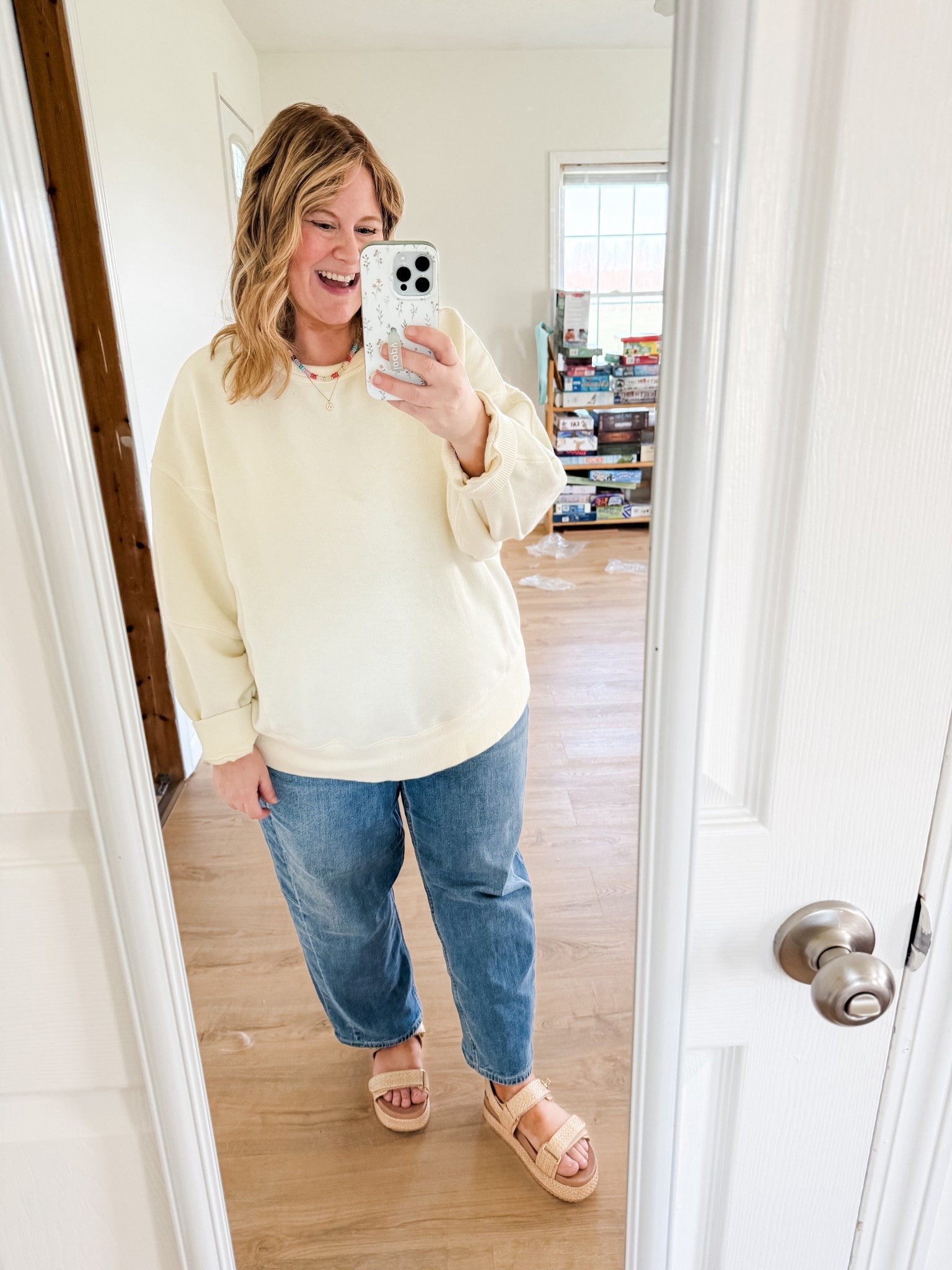 Friday teacher outfit! Wearing a large in my aerie sweatshirt (I have in multiple colors but I love the butter yellow!) and a 14 in the maternity barrel jeans.  Also linked the regular version  

#LTKMidsize #LTKBump #LTKSeasonal