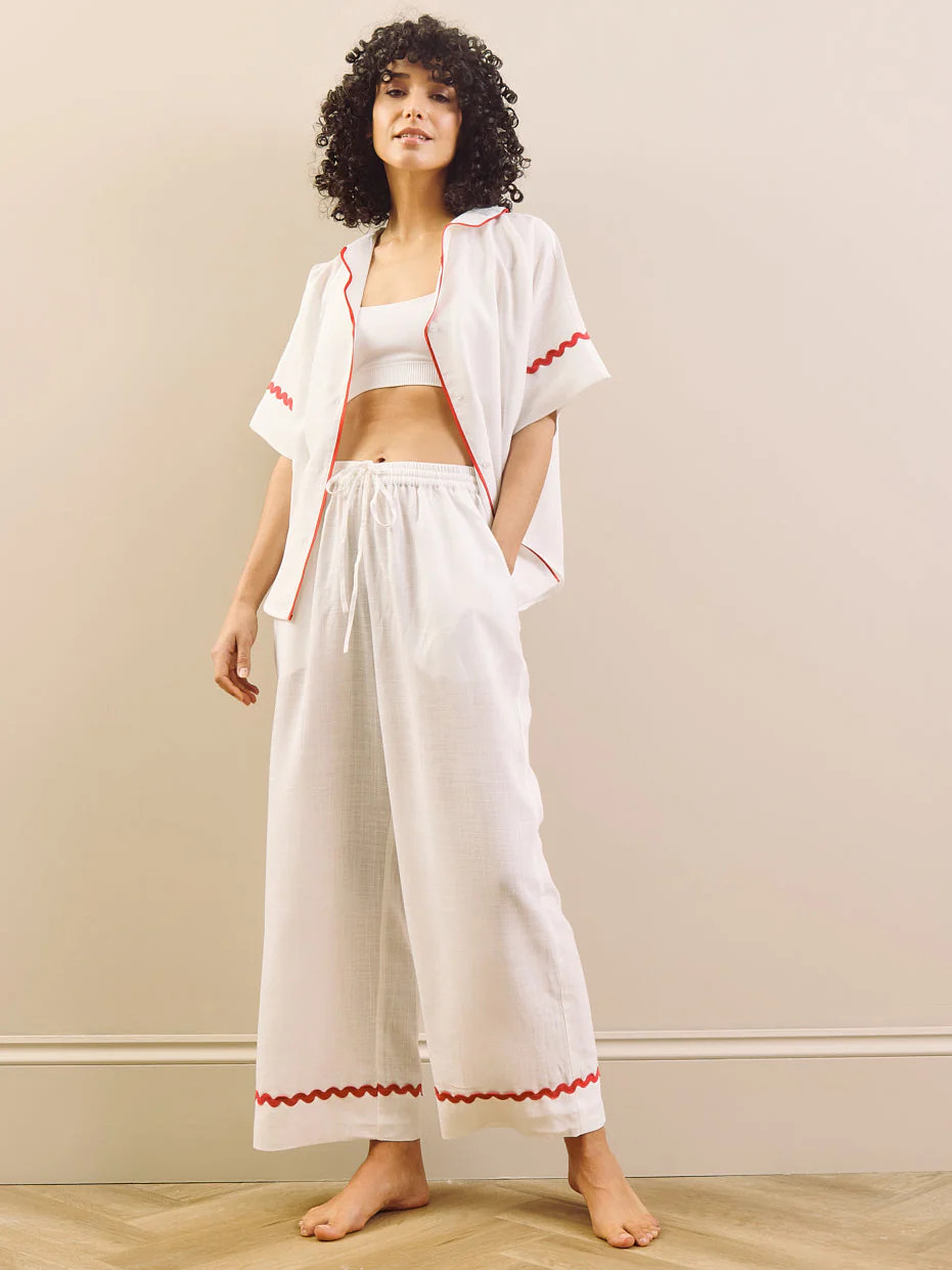 Womens White with Red Ric Rac Trim Linen Blend Oversize Pyjama Set | Their Nibs UK