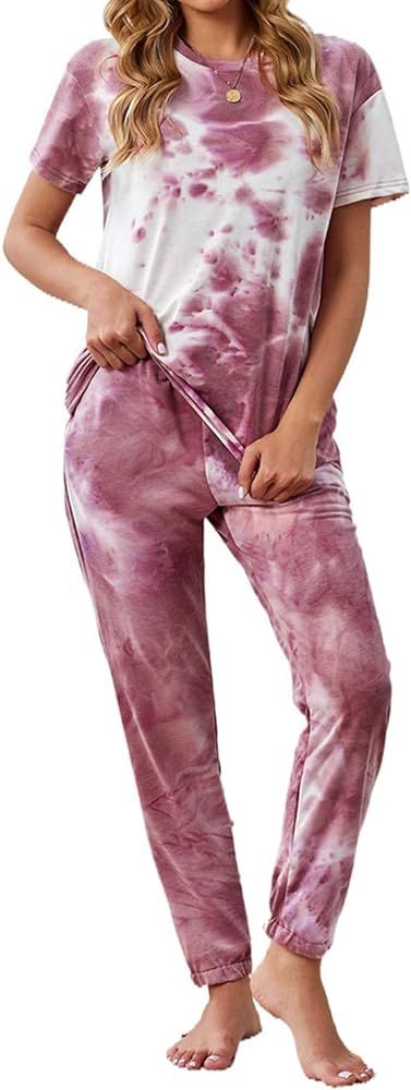 AZOKOE Women Tie Dye Printed Pajamas Set Crewneck Long Sleeve Tee and Jogger Pants PJ Set Loungew... | Amazon (US)