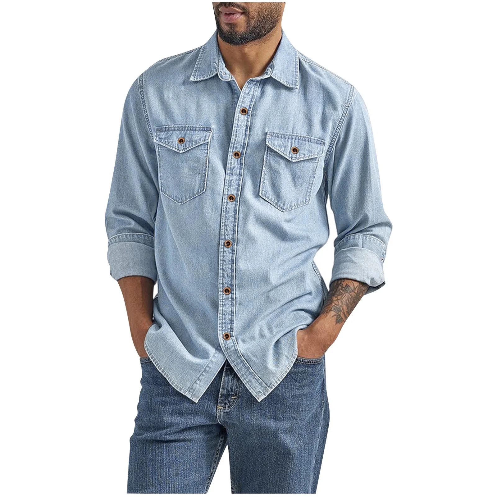 Men's Denim Button Down Shirts Chambray Long Sleeve Lightweight Tops Casual Spread Collar Blouse ... | Walmart (US)