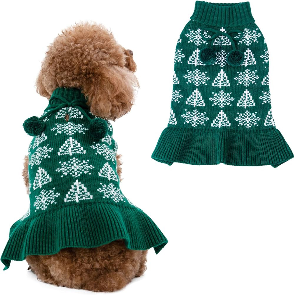 CuteBone Ugly Dog Christmas Sweater Dress Winter Knit Green Turtleneck Puppy Sweater with Craft P... | Amazon (US)