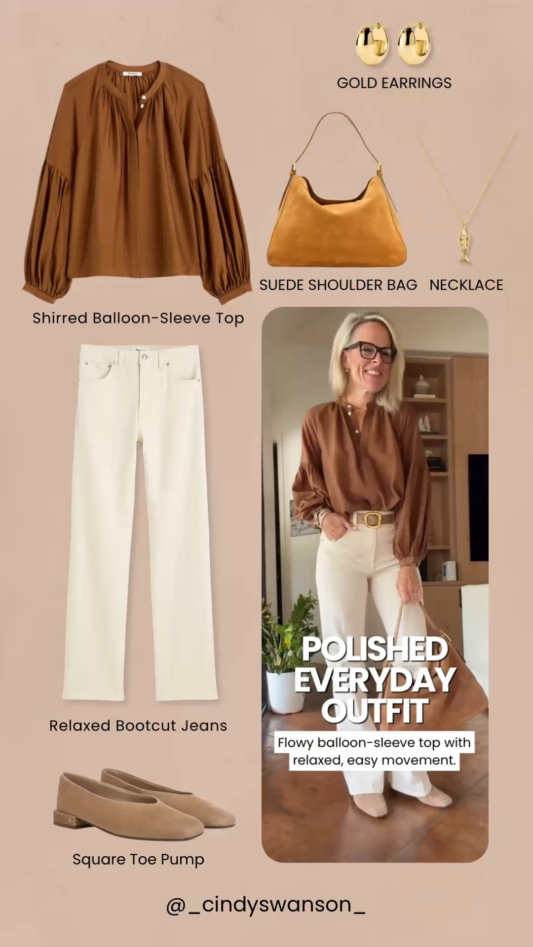This shirred balloon-sleeve top is such a beautiful way to add softness and polish to an everyday outfit. I love the rich brown with relaxed white bootcut jeans—the flowy fit feels comfortable and easy, while the suede bag and square-toe pumps pull everything together.

💡 LTK MADE EASY
❤️ Heart = Support my posts!
🔖 Save = Get sale & restock alerts
📋 Lists = Keep favorites organized
📲 Share = Send lists and products to a friend. Hello, Christmas List!
💬 Comment = Ask me anything about what I’m wearing. :-)

#LTKootd #LTKTravel #LTKOver40