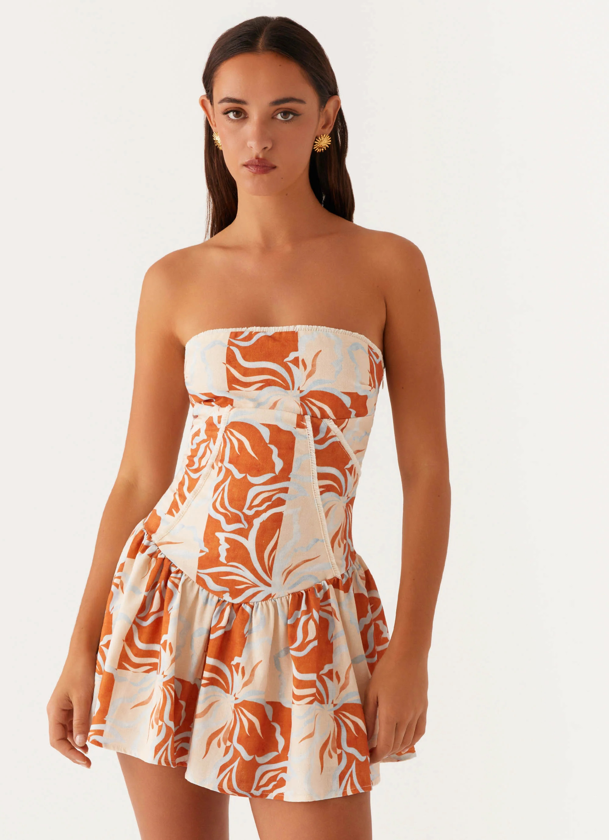 Larnie Linen Mini Dress - Orange Blue Floral | Peppermayo (Global)