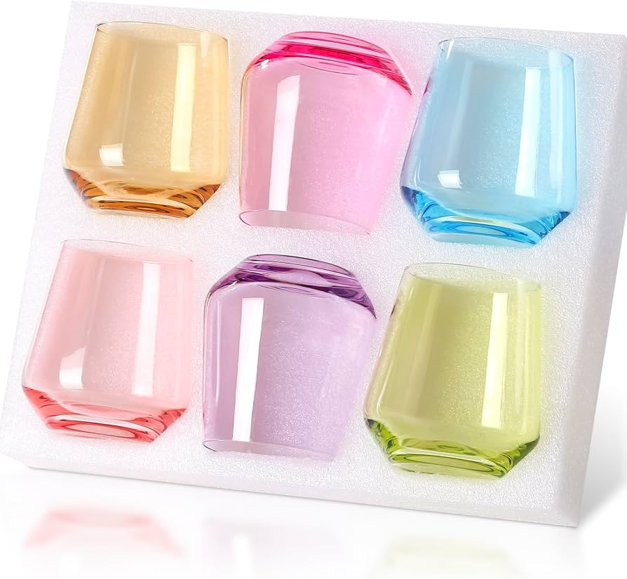 Physkoa Colored Stemless Wine Glasses Set of 6, Multi color Wine Glasses14oz,Diamond Shaped Cockt... | Amazon (US)