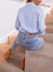 Women's Striped Long Sleeve Single Button Casual Shirt | SHEIN