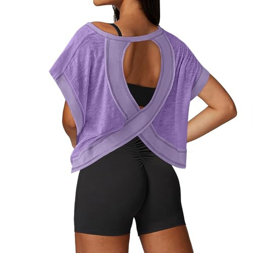 UNIANKIYA Open Back Workout Tops for Women Loose Fit Athletic Crop Tee Short Sleeve Gym Running Yoga Shirt Purple | Amazon (US)