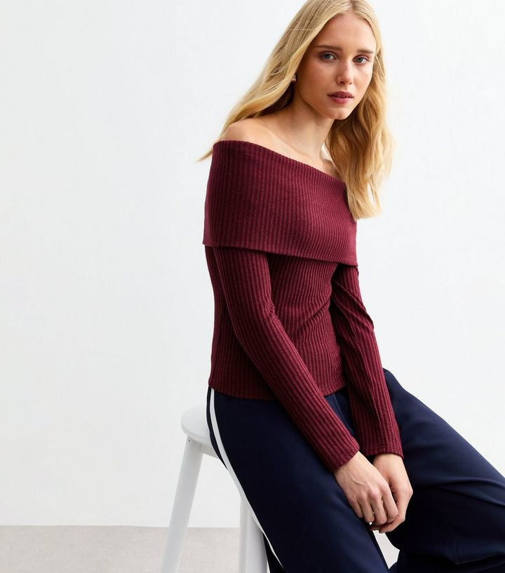 Burgundy Ribbed Bardot Jumper | New Look | New Look (UK)