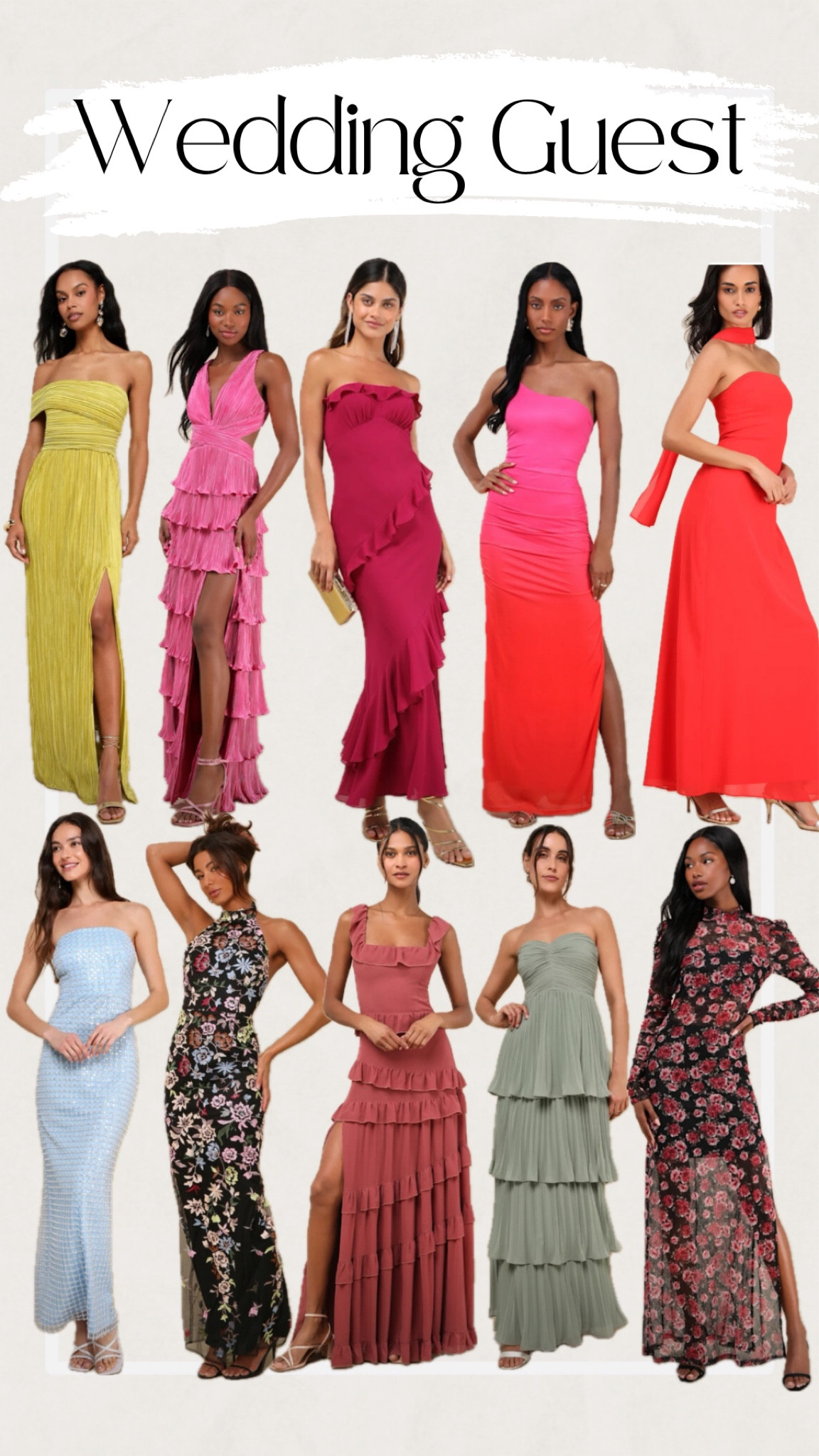 Wedding guest dress inspo. 

These were all dresses I liked and would pick if I was going to a spring wedding. 

#Wedding #WeddingGuest #WeddingGuestDresses #Dresses #Midsize 