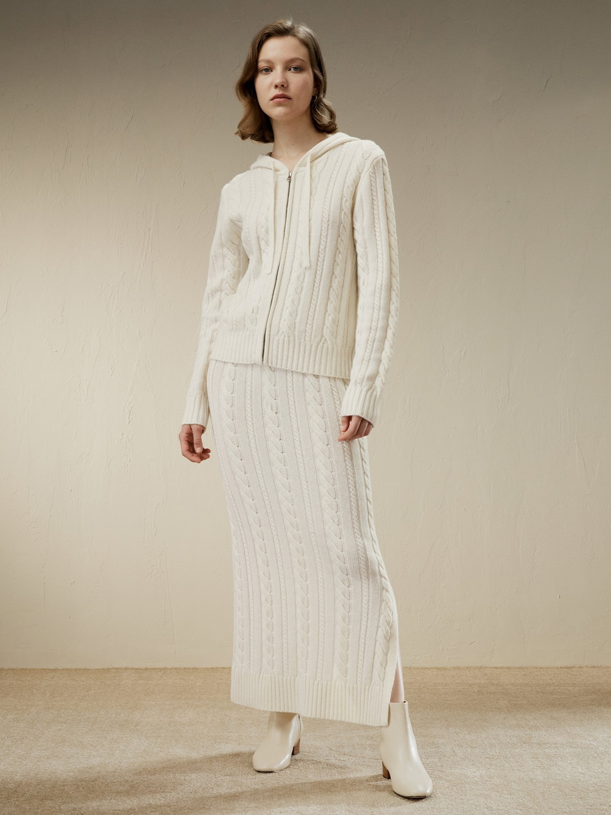 LILYSILK Cable Knit Wool Maxi Skirt - White - S | LILYSILK