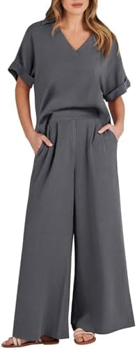 ANRABESS Conjunto feminino de 2 peças de verão casual de manga curta com decote em V e calças ... | Amazon (BR)