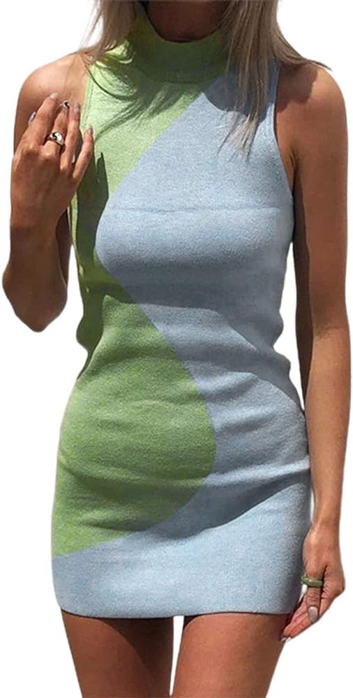 Women Sexy Halter Neck Sleeveless Bodycon Dress Y2K Knitted Mini Dress V Neck Backless Short Dres... | Amazon (US)