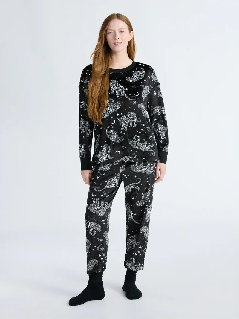 Joyspun Women’s Stretch Velour Long Sleeve Top, Pants, and Socks Pajama Set, 3-Piece, Sizes XS-... | Walmart (US)