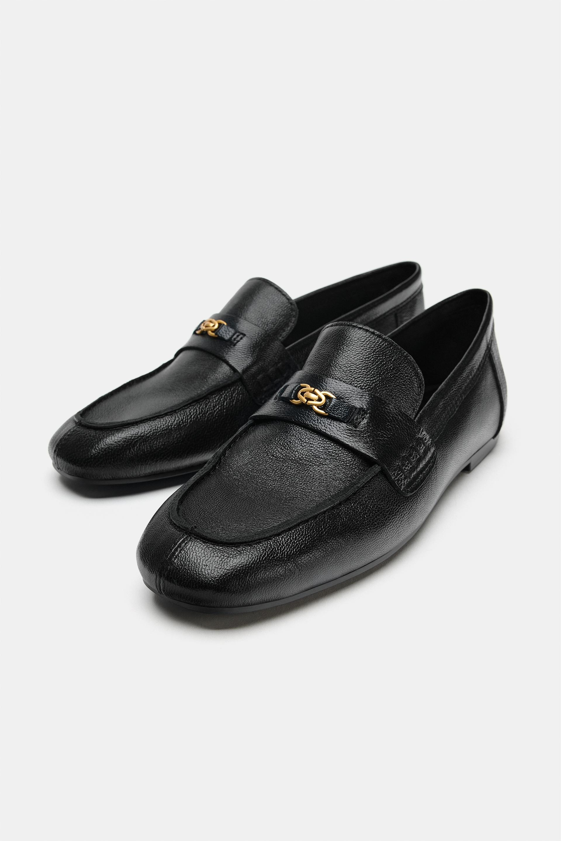 Zara - Leather Loafers With Metal Appliqué - Black - 8 - Woman | Zara UK