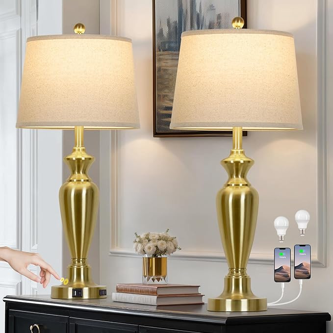 30" Tall Gold Table Lamps Set of 2, Touch Control Bedside Lamp with USB A+C Ports and AC Outlet, ... | Amazon (US)