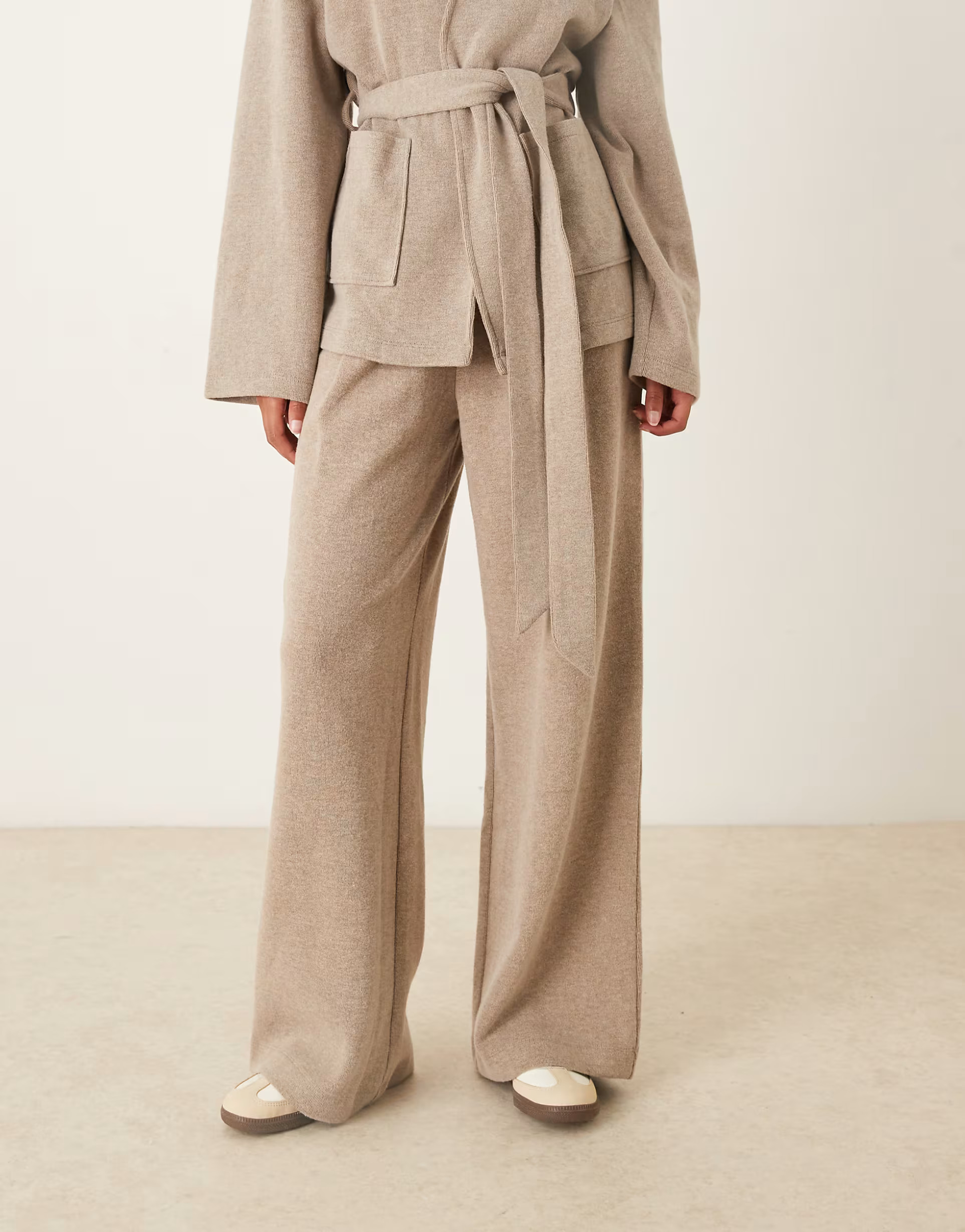 ASOS DESIGN supersoft wide leg pleated front sweatpants in heathered taupe - part of a set | ASOS (Global)