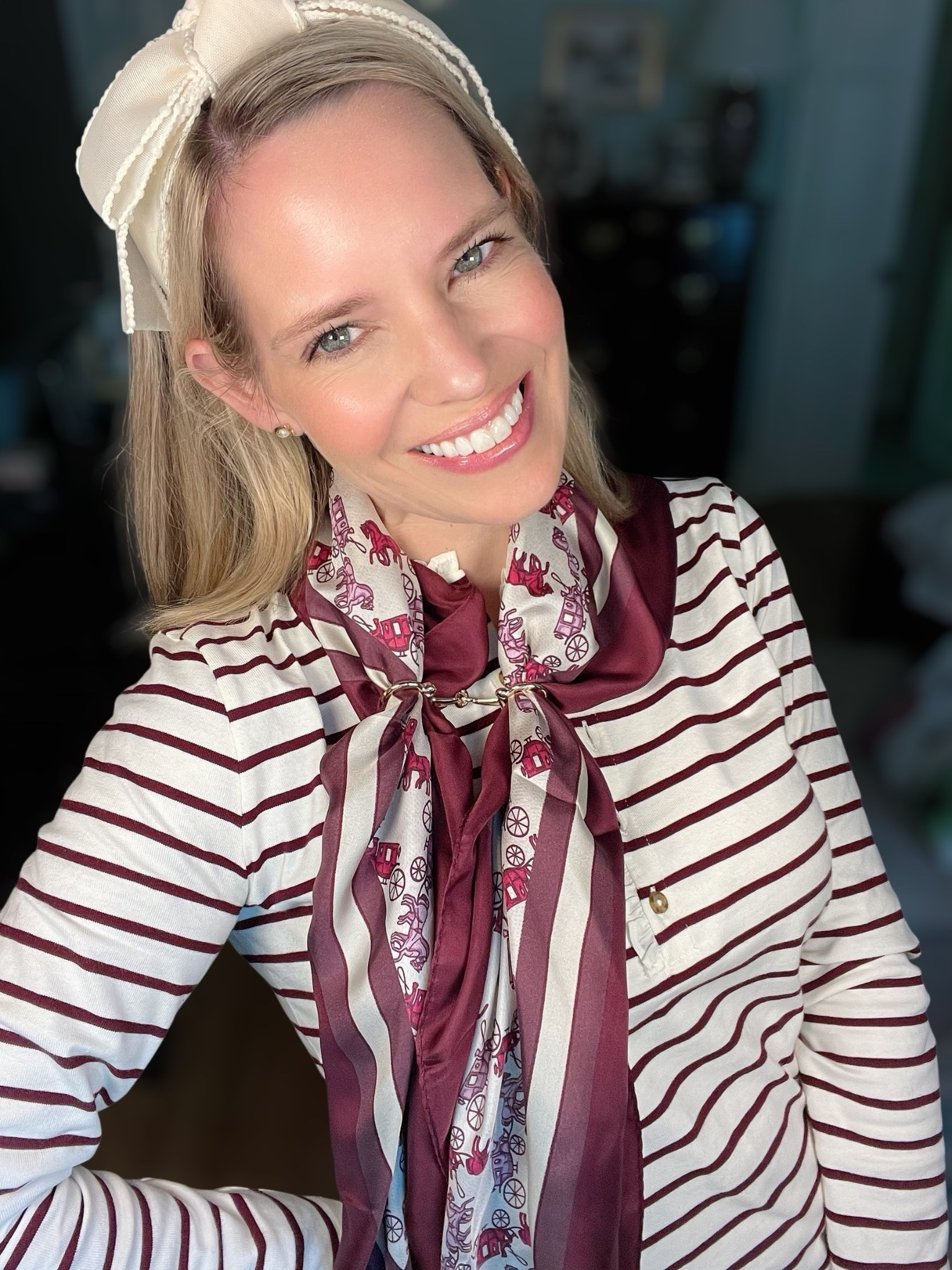 ✨ Stripes + silk scarf = fall layering perfection! This outfit mixes classic preppy staples with a touch of Parisian chic. I styled a striped ruffle-collar henley with a green mini skirt, added a silk scarf tied at the neckline for a polished detail, and finished the look with leopard loafers for a fun fall twist. 🍂

This is such an easy styling trick — a scarf instantly elevates basics and makes your outfit look more intentional. Pair with pearl studs, a feminine bow headband, and gold jewelry to keep the look chic and timeless. Perfect for workwear, fall outings, or even Thanksgiving week styling!

📌 Outfit details:
– J.Crew Factory striped ruffle-collar henley
– J.Crew Factory Lizzie patch-pocket mini skirt (fall green must-have)
– Coach horse & carriage silk scarf (styled at the neckline 🎀)
– Walmart leopard loafers (budget-friendly fall shoe trend)
– Lele Sadoughi ivory Shirley headband
– Coach pearl stud earrings
– Abbott Lyon two-tone pearl watch + charm bracelet stack ✨

🍁 Style Tip: Use a scarf as a neck tie or bow for a feminine, chic upgrade that works with sweaters, button-downs, and tees.

⸻

 fall outfit inspo, preppy fall fashion, striped henley outfit, J.Crew Factory fall finds, how to style a scarf, affordable fall look, leopard loafers outfit, Coach scarf styling, Lele Sadoughi bow headband, chic fall style tips, Parisian chic fall outfit.


#LTKWorkwear #LTKFindsUnder50 #LTKFindsUnder100

#LTKFindsUnder100 #LTKFindsUnder50 #LTKWorkwear